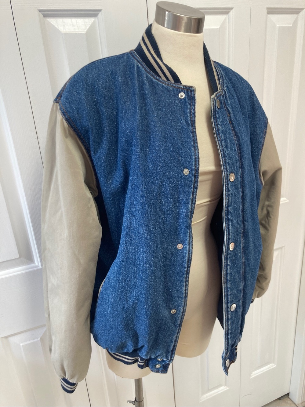 Vintage Blue Denim Bomber Jacket with Tan Sleeves - Picture 5 of 14